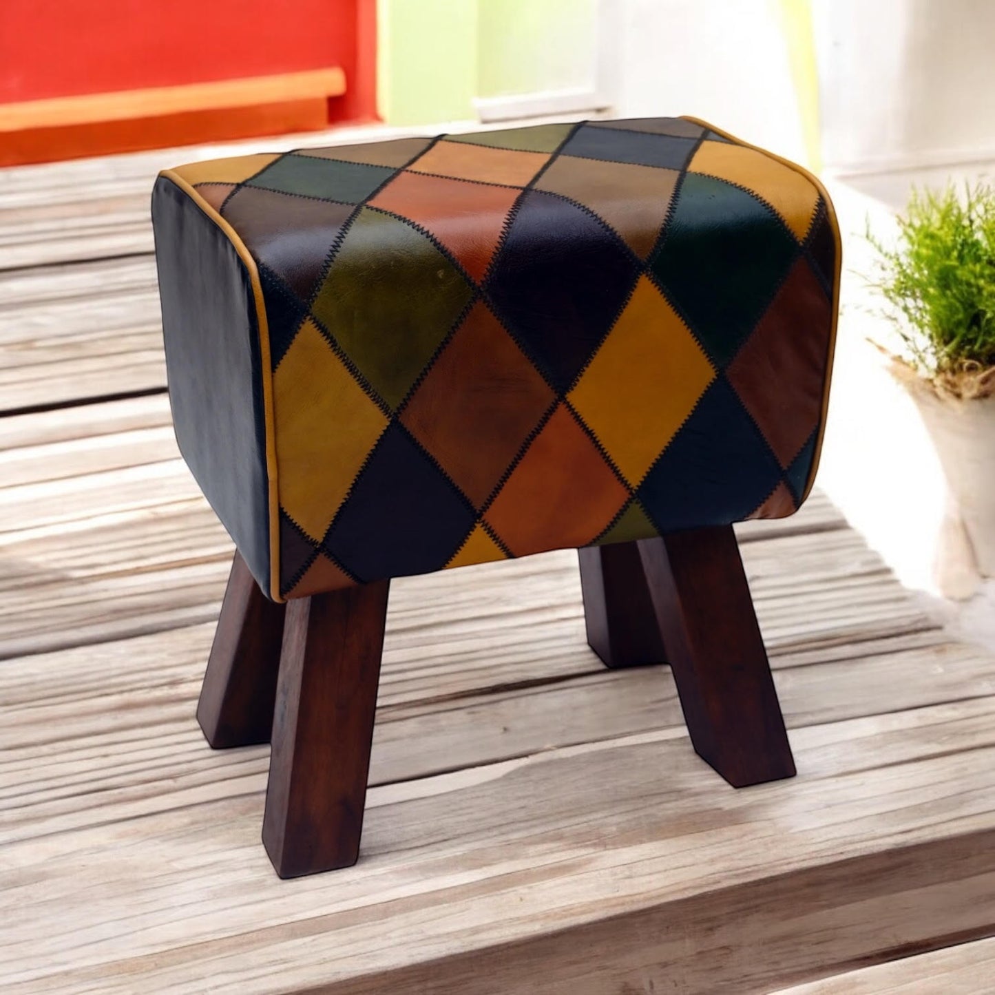 47CM LEATHER STOOL Harlequin diamond pattern