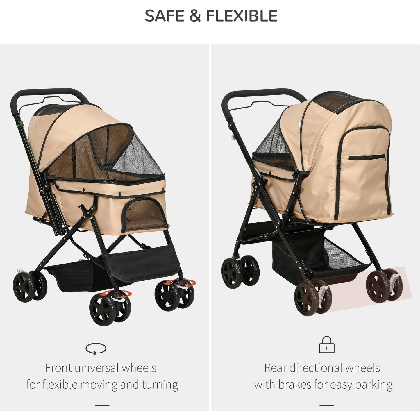 PawHut Pet Stroller Pushchair Foldable Travel Dog Cat Carriage w/ Reversible Handle Brake Basket