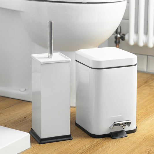 White Square Toilet Brush & Bin Set