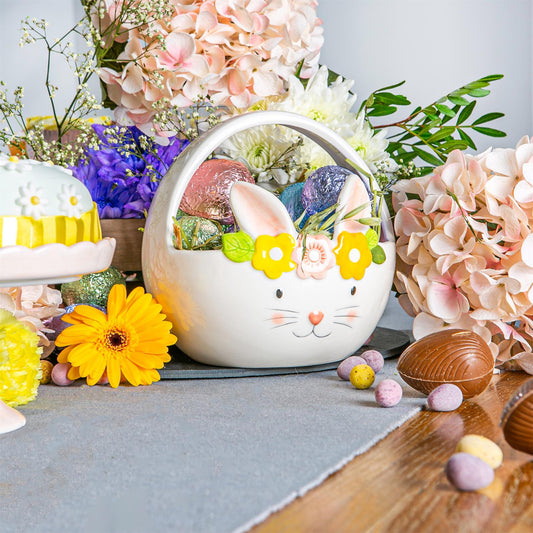 16.5cm Yellow Flower Bunny Dolomite Easter Basket