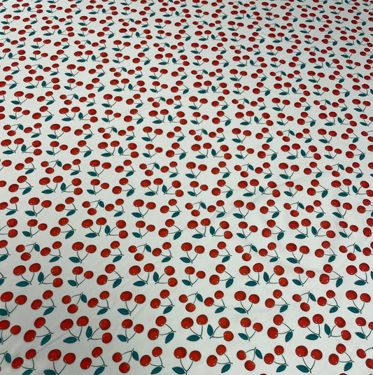 Cherry Print Fabric by the Metre – White Cotton Blend