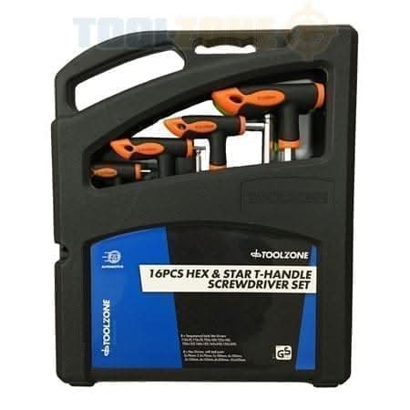 16pc CRV T Handle Hex & Star Screwdriver Set