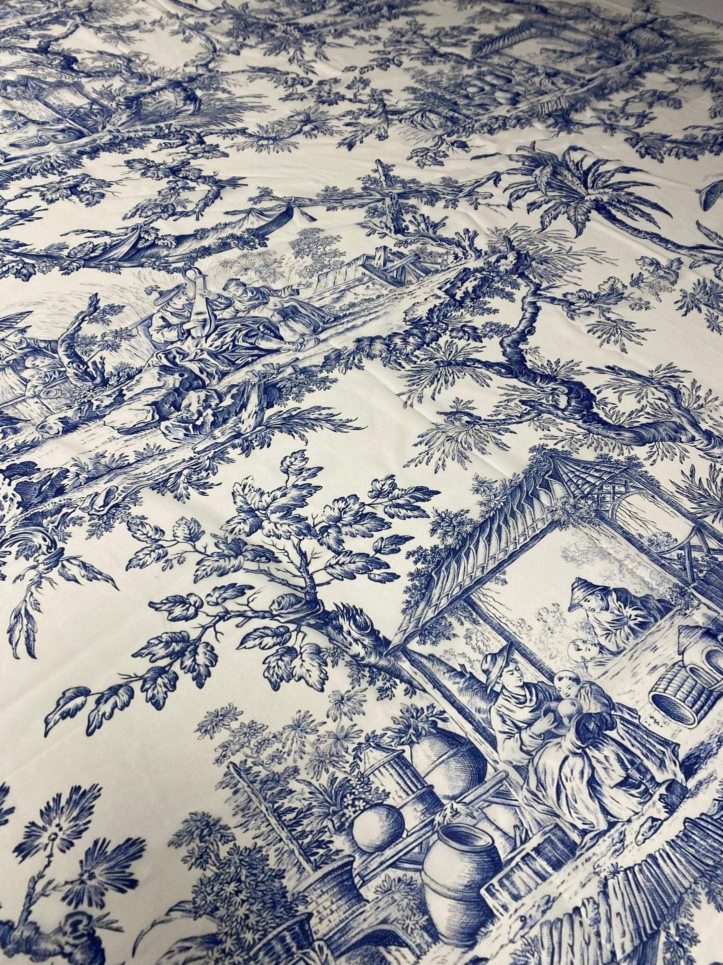 Classic Blue Toile de Jouy Fabric – Fabric by Metre, Options: Satin, Crepe, Spandex, Chiffon