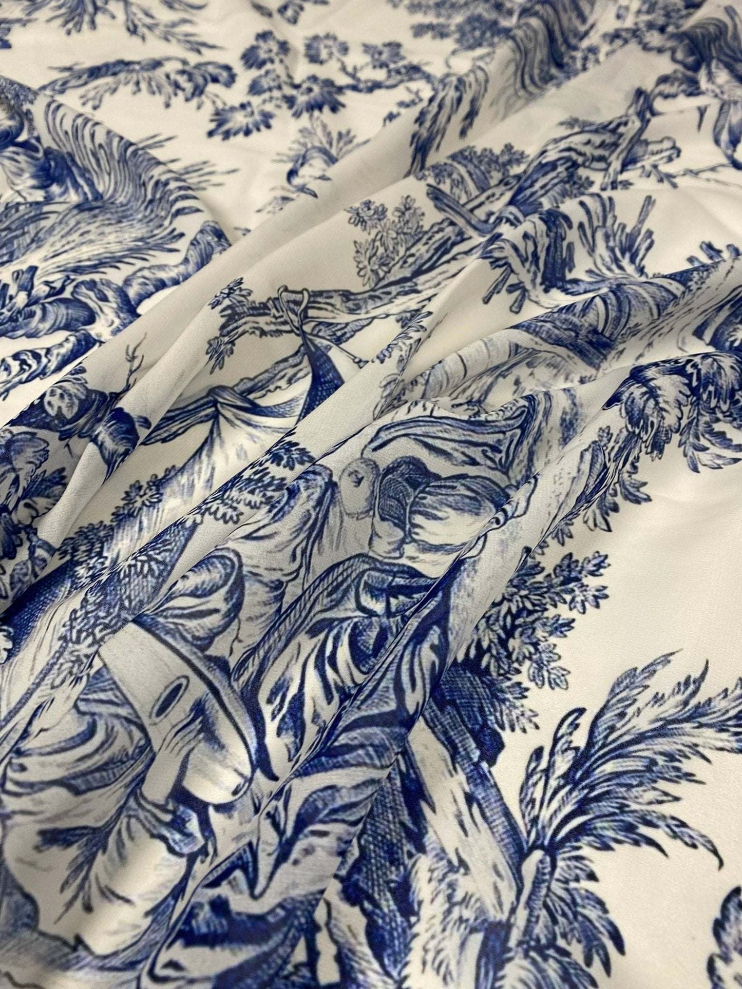 Classic Blue Toile de Jouy Fabric – Fabric by Metre, Options: Satin, Crepe, Spandex, Chiffon