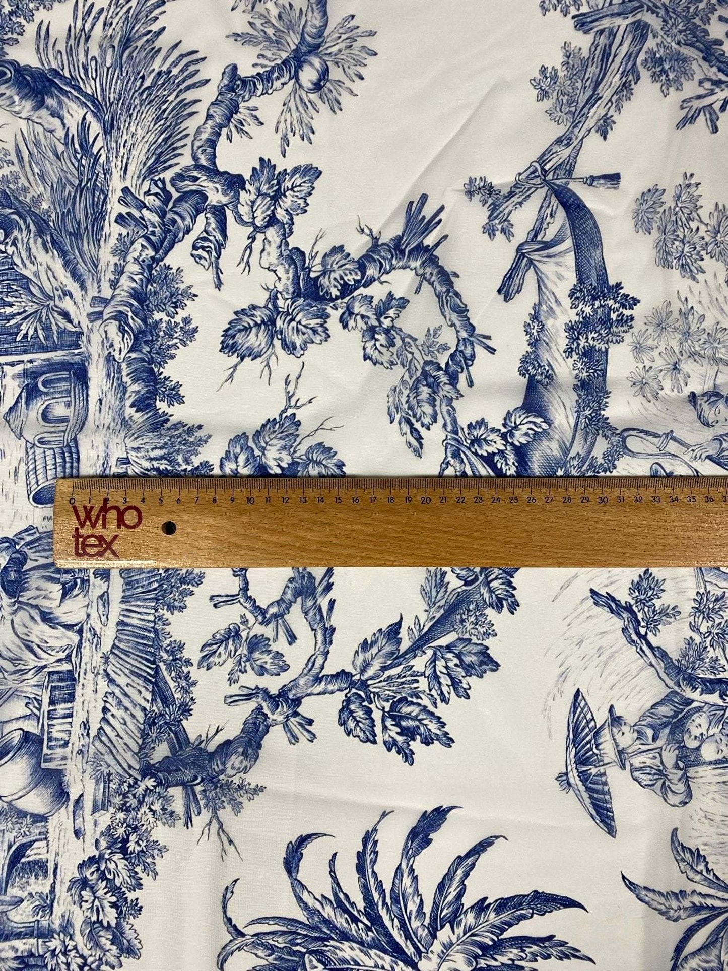 Classic Blue Toile de Jouy Fabric – Fabric by Metre, Options: Satin, Crepe, Spandex, Chiffon