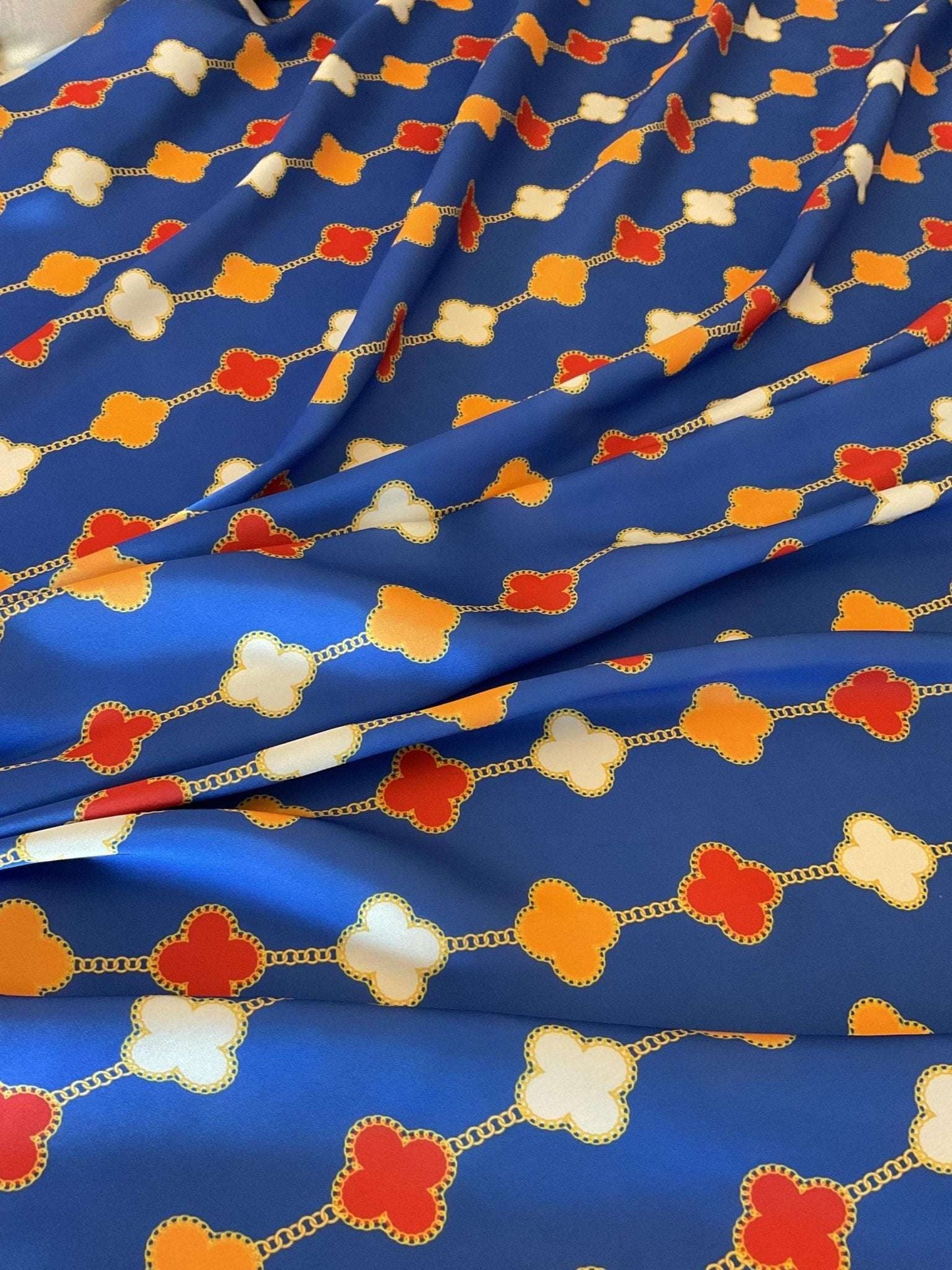 Navy Blue Clover Chain Pattern Fabric – Multiple Fabric Options, Sold by Metre