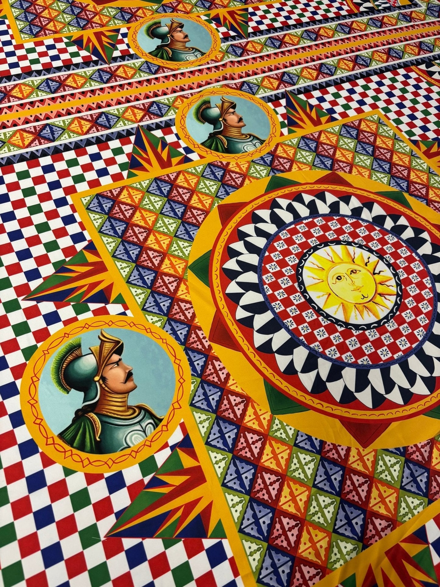 Colorful Satin Fabric by the Metre – Mediterranean Geometric Warrior