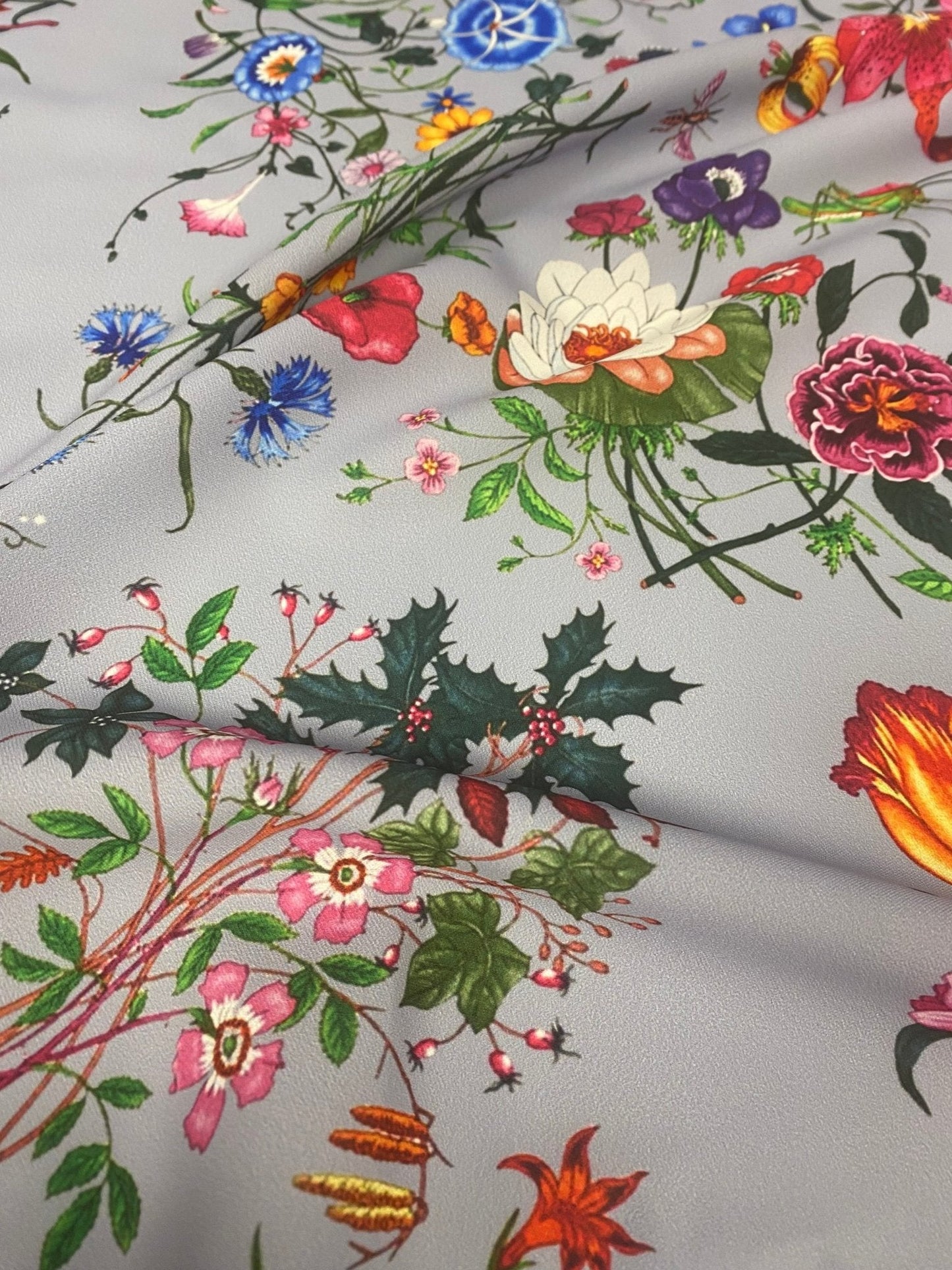Colorful Floral Pattern on Light Grey Fabric