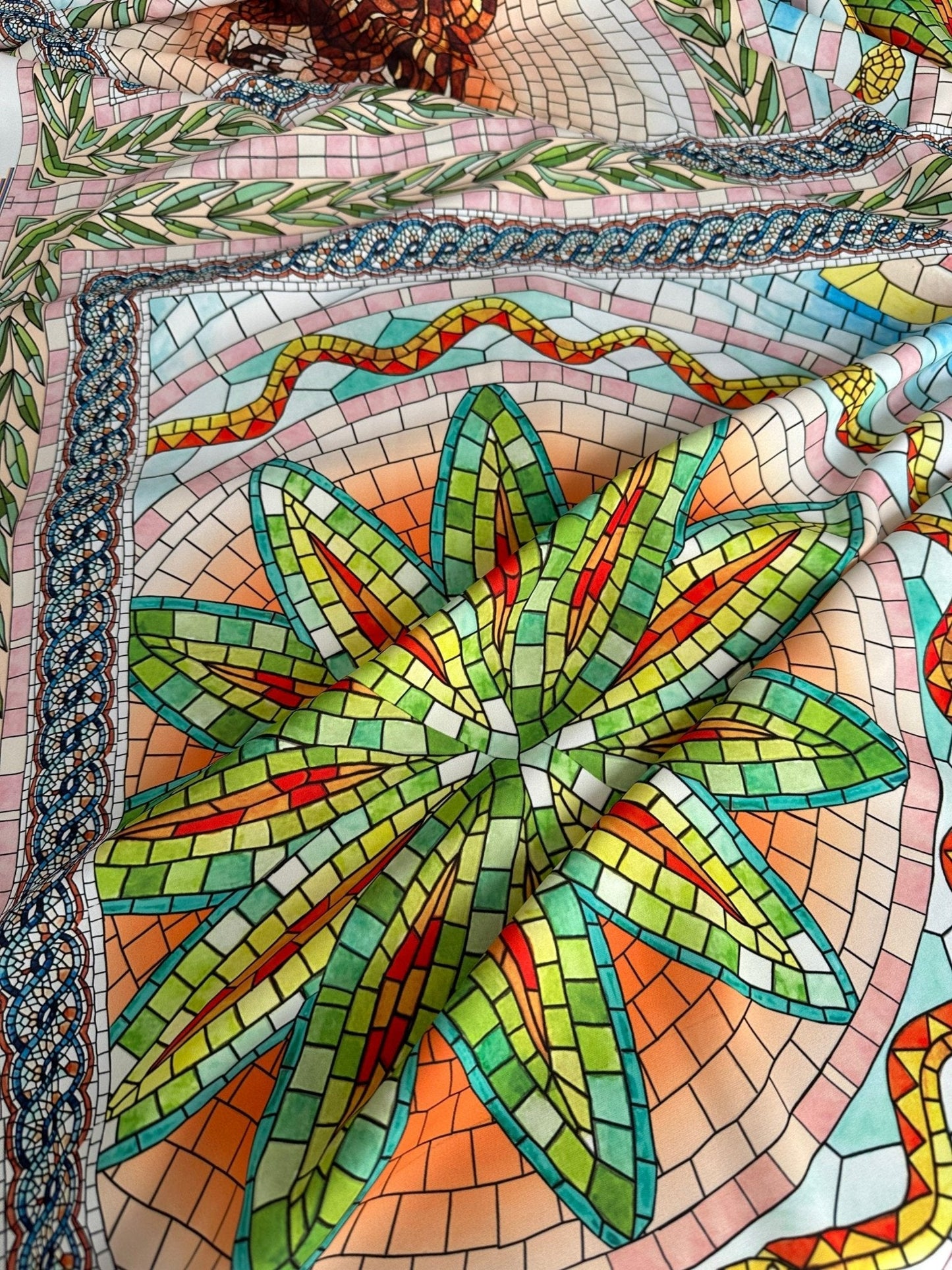 Greek Mosaic Print Silky Crepe Fabric