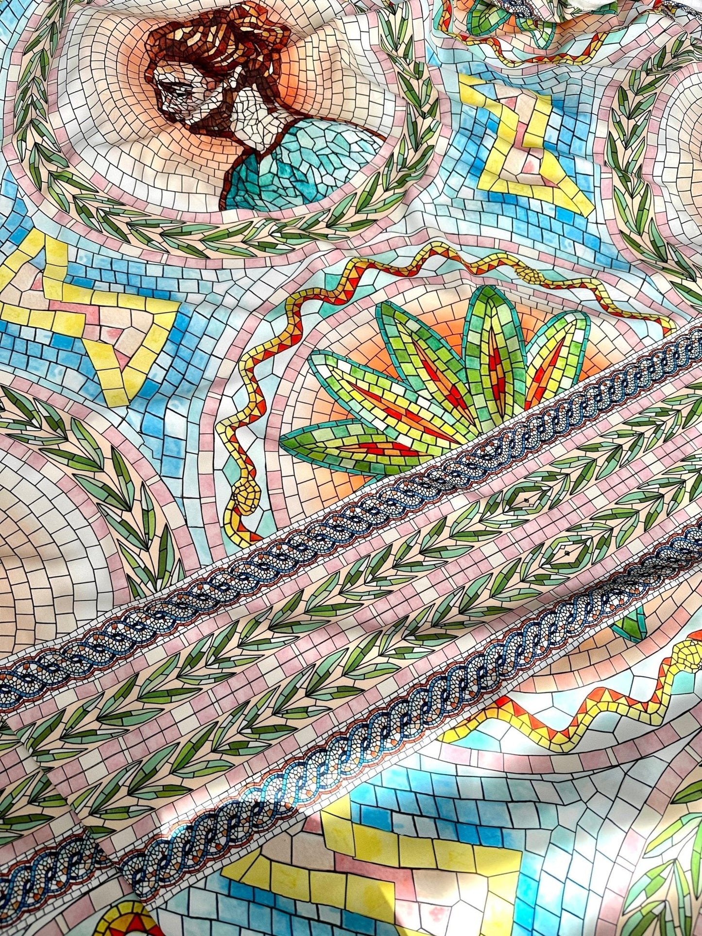 Greek Mosaic Print Silky Crepe Fabric