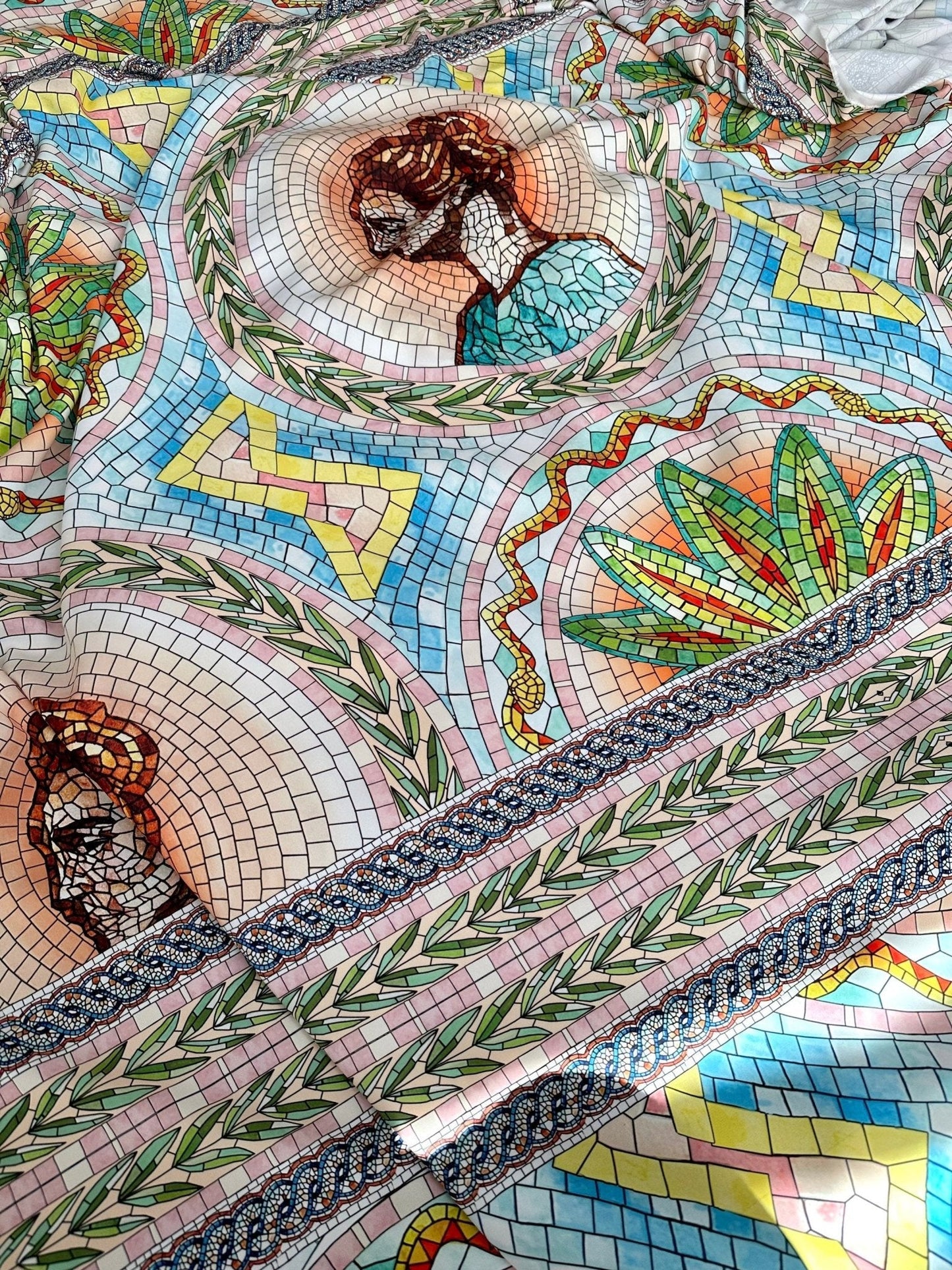 Greek Mosaic Print Silky Crepe Fabric