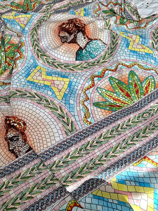 Greek Mosaic Print Silky Crepe Fabric – Available in Satin, Crepe, Spandex & Chiffon | By Metre