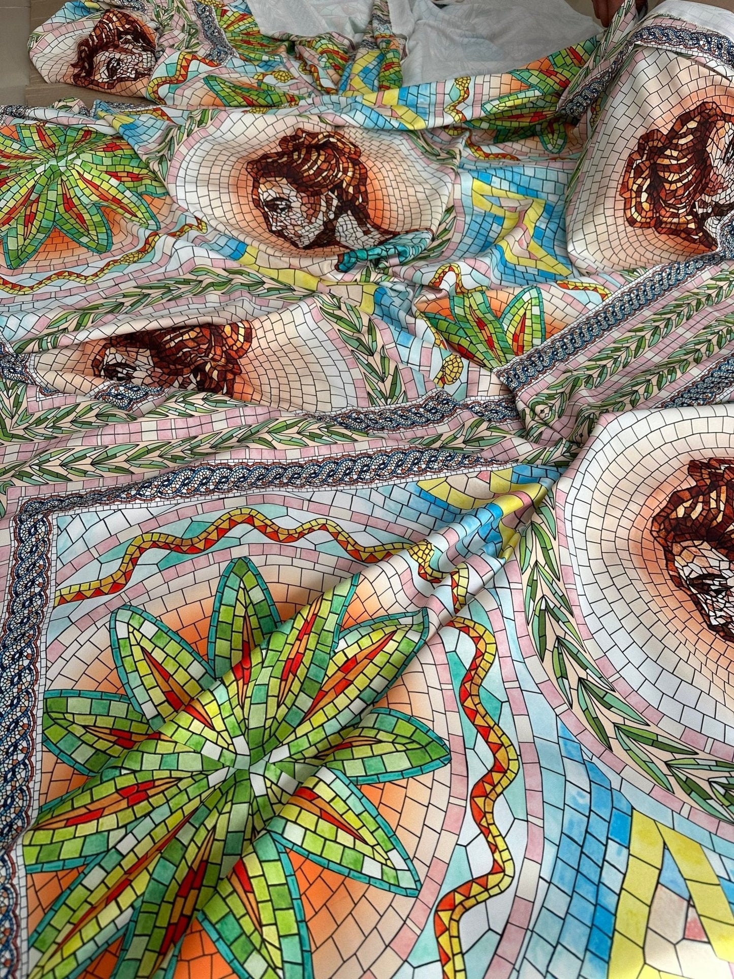 Greek Mosaic Print Silky Crepe Fabric