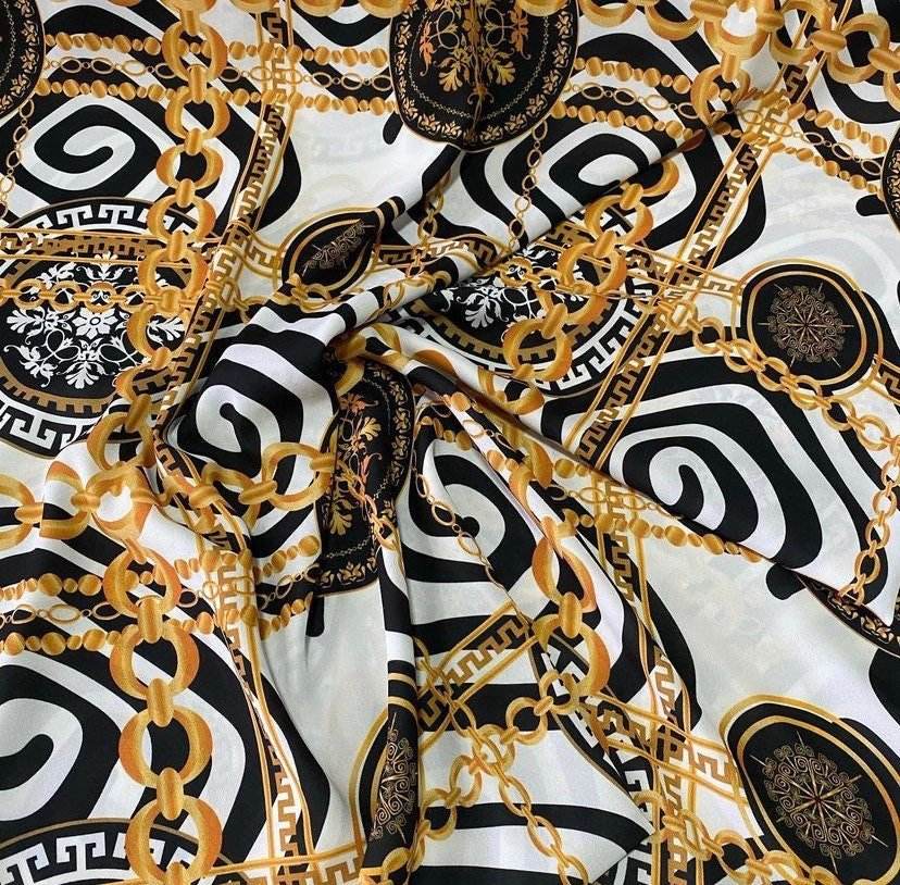 Gold Chain Greek Key Crepe Fabric – Available in Satin, Crepe, Spandex & Chiffon | By Metre