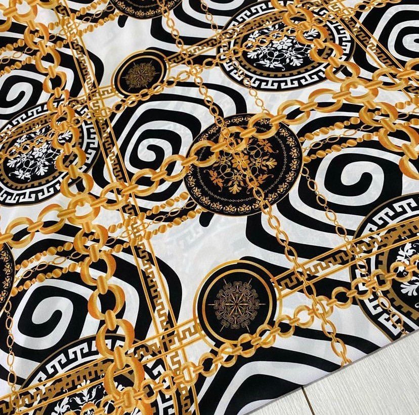 Gold Chain Greek Key Crepe Fabric – Available in Satin, Crepe, Spandex & Chiffon | By Metre