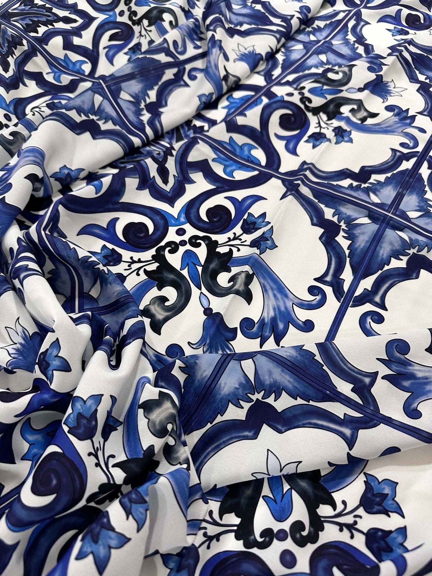 Majolica Pattern Blue White Swirl Crepe Fabric – Custom Printed Fabric, Choose Material by Metre