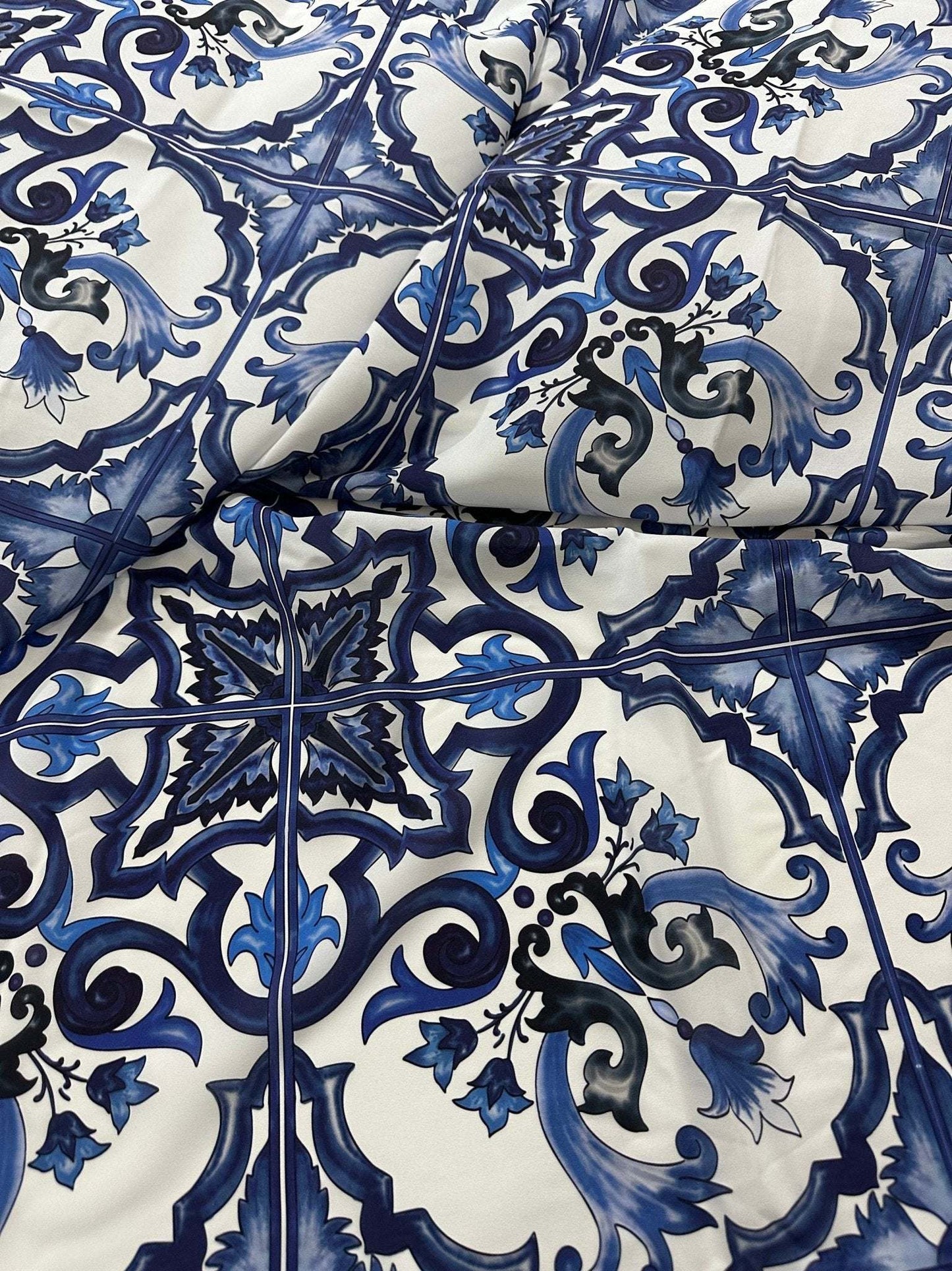 Majolica Pattern Blue White Swirl Crepe Fabric – Custom Printed Fabric, Choose Material by Metre