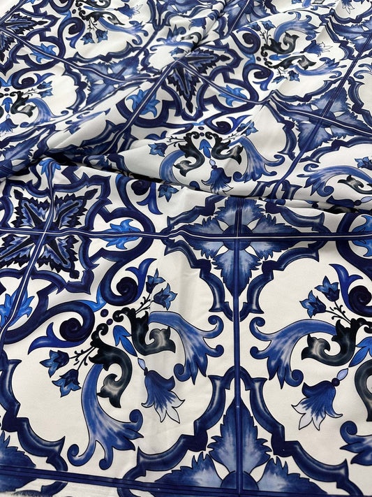 Majolica Pattern Blue White Swirl Crepe Fabric – Custom Printed Fabric, Choose Material by Metre
