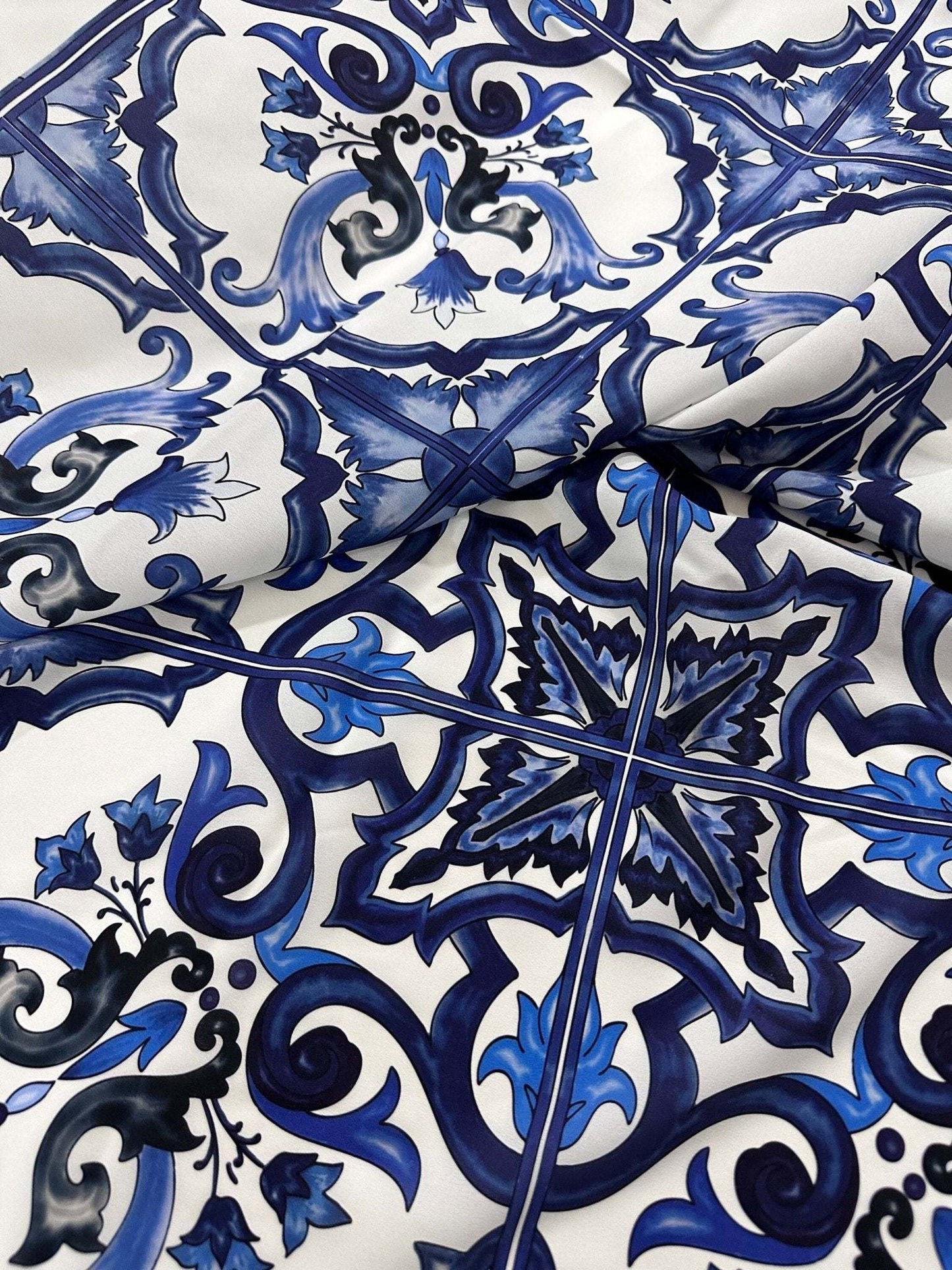 Majolica Pattern Blue White Swirl Crepe Fabric – Custom Printed Fabric, Choose Material by Metre