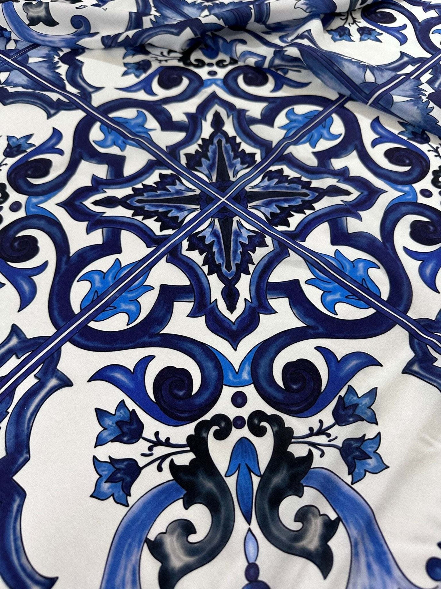 Majolica Pattern Blue White Swirl Crepe Fabric – Custom Printed Fabric, Choose Material by Metre