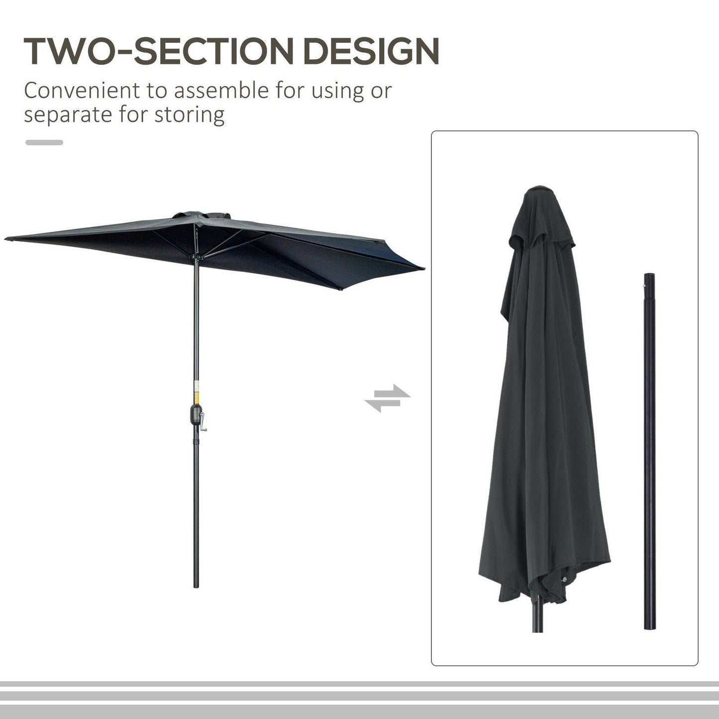 3M Half Parasol Semi Round Umbrella Patio Metal Frame Crank Handle for Balcony-- NO BASE INCLUDED