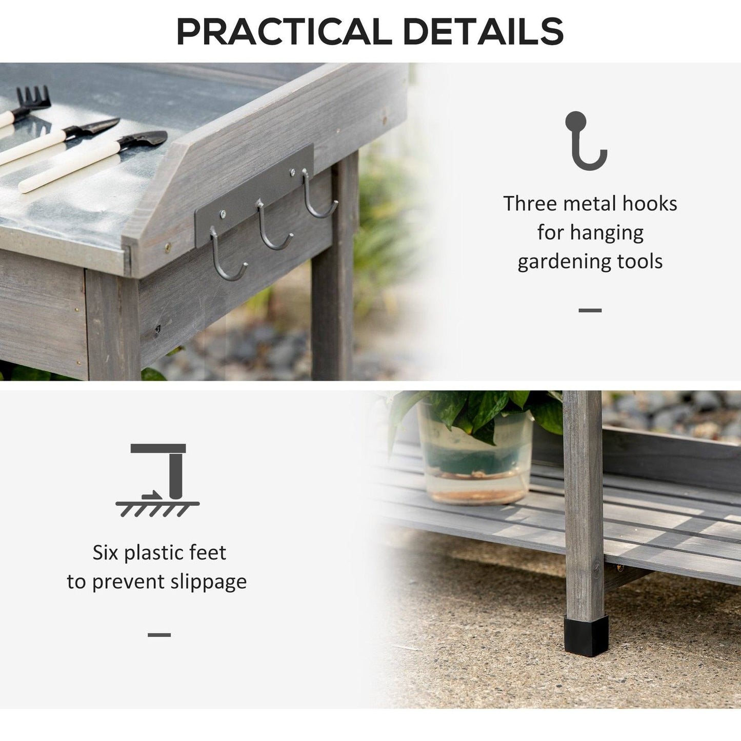 Garden Potting Table Wooden Workstation w/ Metal Tabletop