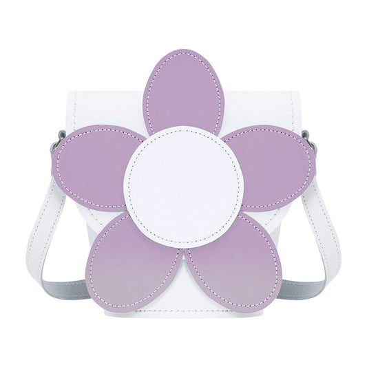 Handmade Leather Daisy Barrel Bag - White & Violet