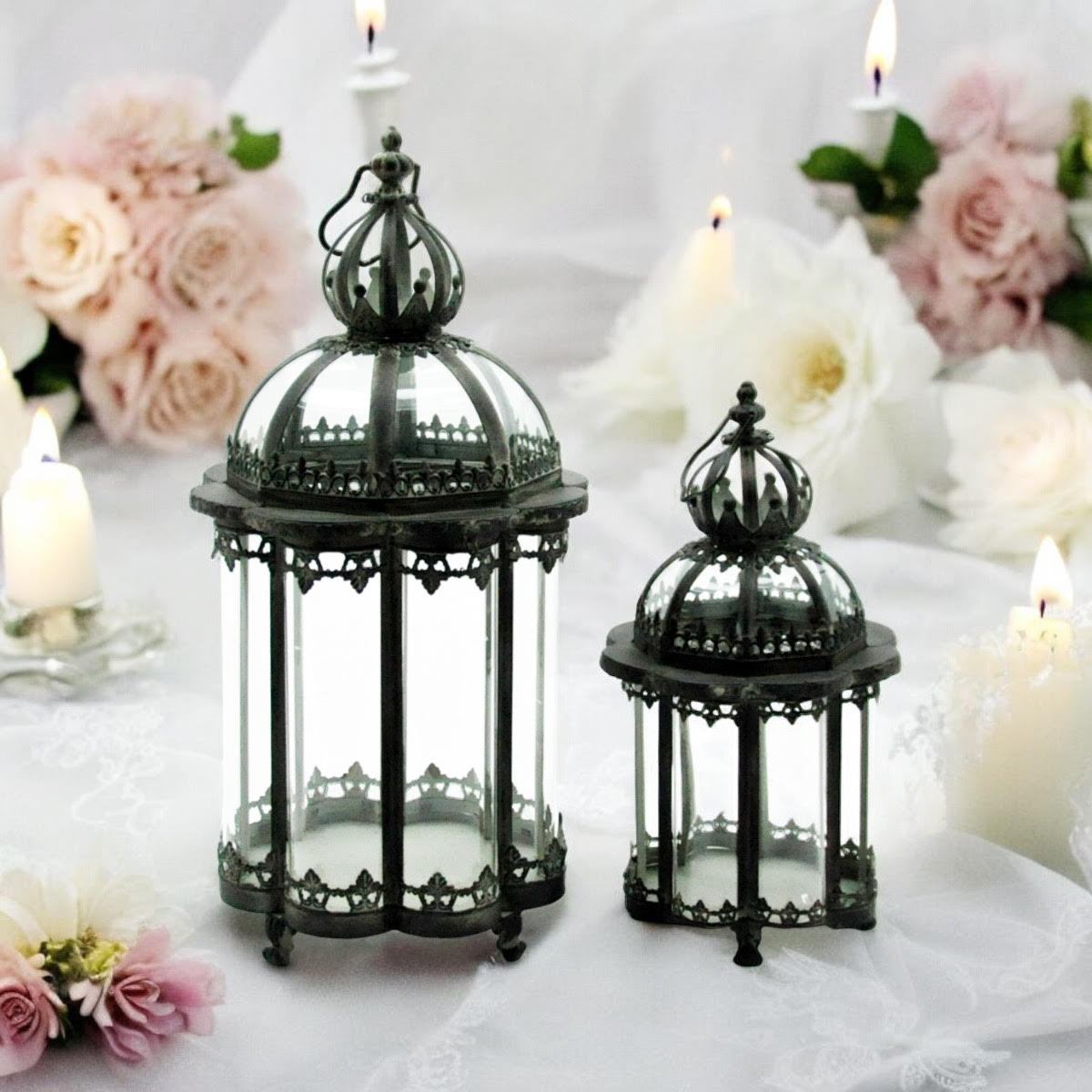 65/45CM GREEN SET 2 METAL GARDEN LANTERNS