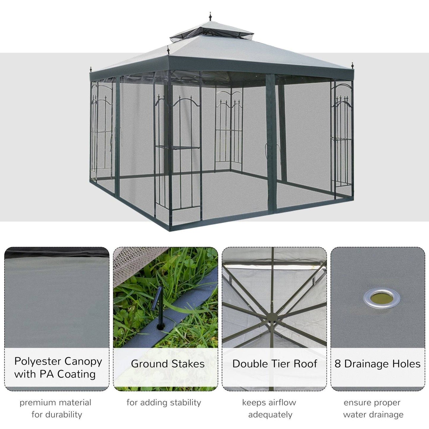 3Mx3M Garden Gazebo Double Top Outdoor Canopy Patio Event Party Wedding Tent Backyard Sun Shade with Netting - Grey