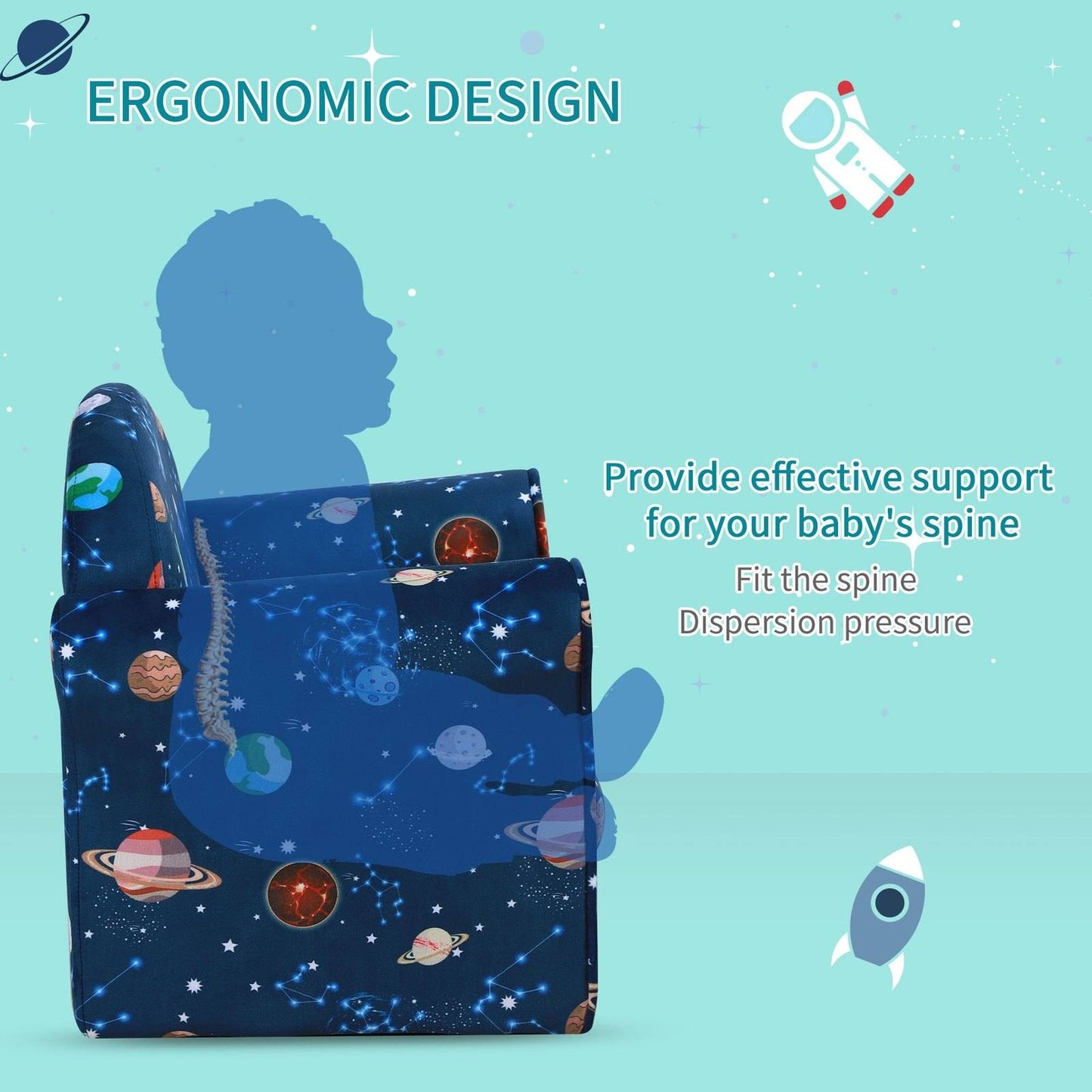 Kids Planet Themed Armchair With Non Slip Feet Wooden Frame Blue