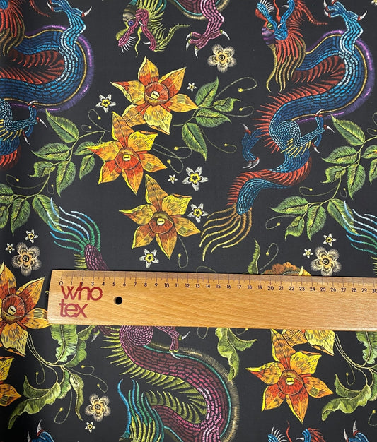 Dragon & Floral Print Crepe Fabric by the Metre – Bold Design