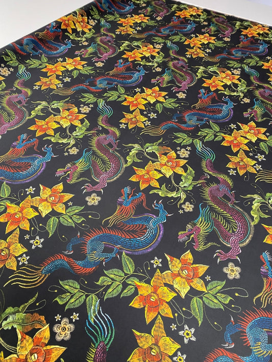 Dragon & Floral Print Crepe Fabric by the Metre – Bold Design