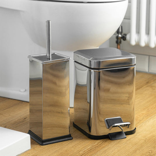 Chrome Square Toilet Brush & Bin Set