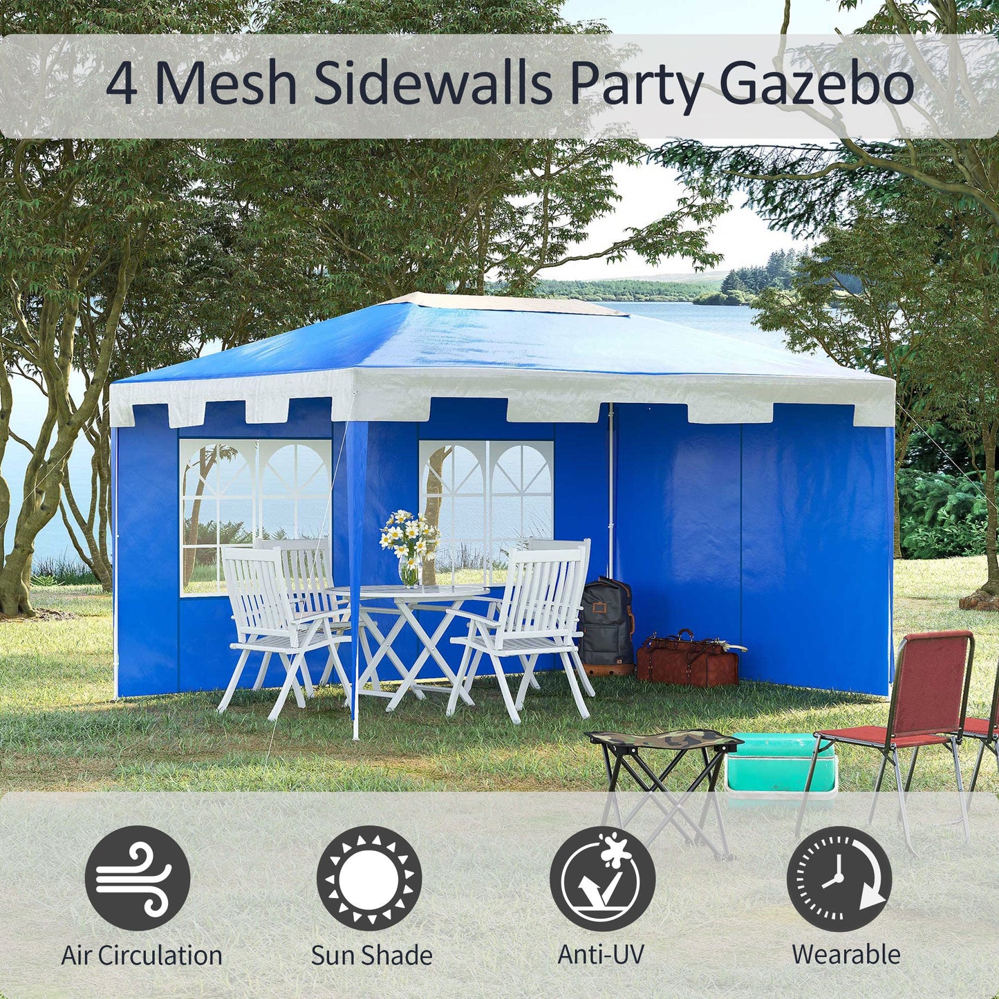 3 x 4 m Garden Gazebo Marquee Party Tent with 2 Sidewalls for Patio Yard Outdoor - Blue