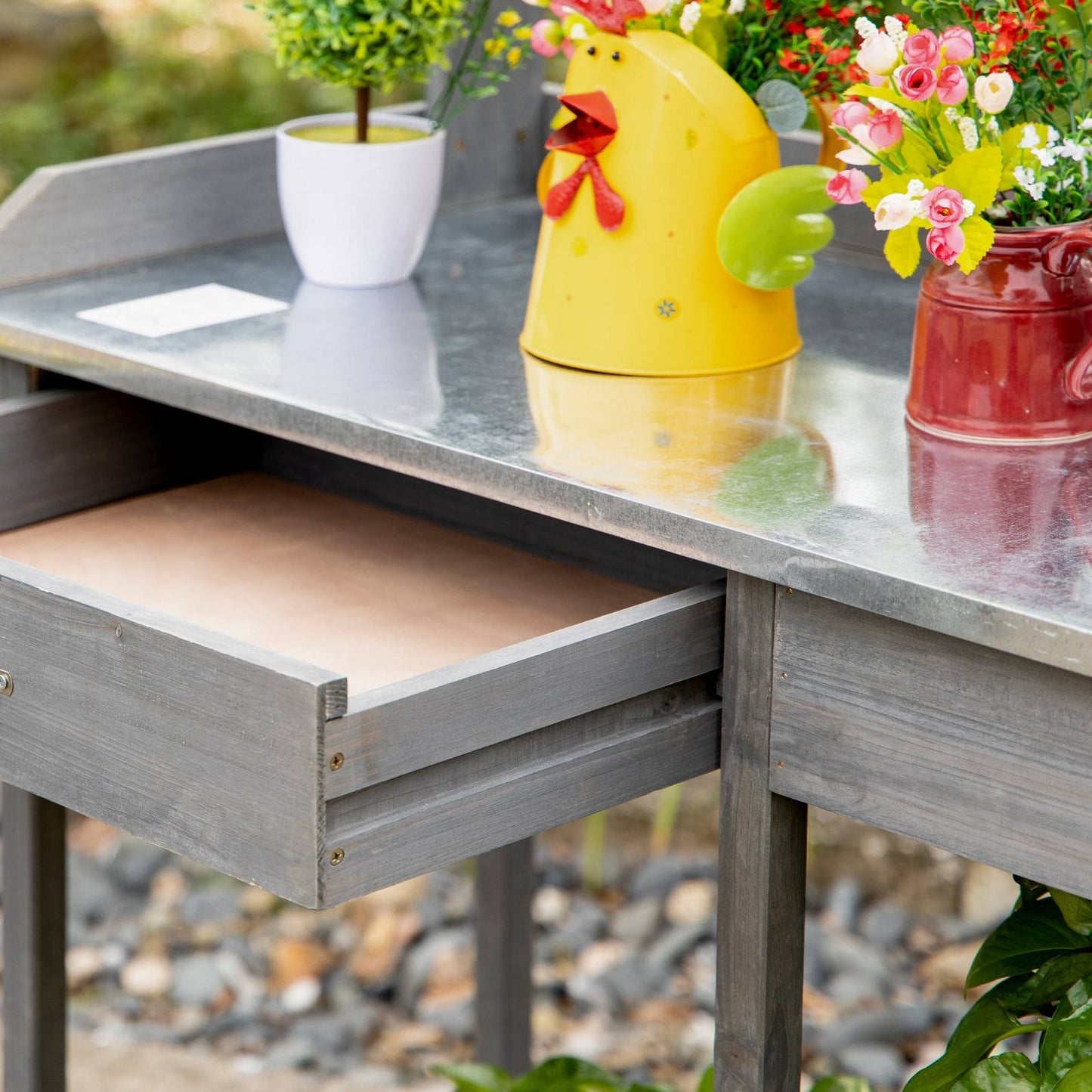 Garden Potting Table Wooden Workstation w/ Metal Tabletop