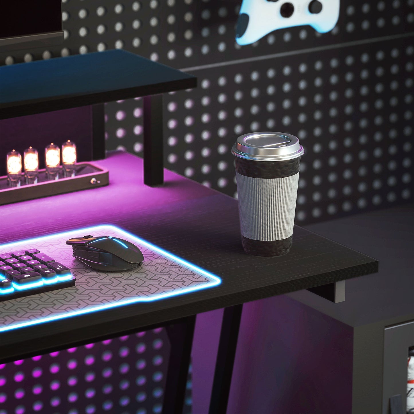 HOMCOM LED Gaming Desk with Power Outlets and Monitor Stand 100 x 60cm Black