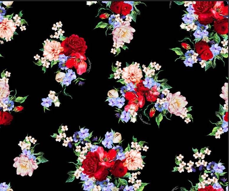 Elegant Black Floral Fabric – Custom Printed Fabric on Satin, Crepe, Spandex or Chiffon
