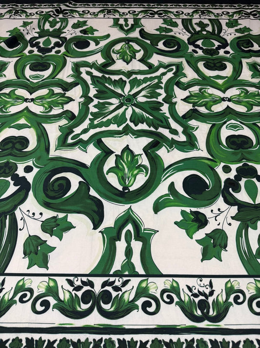 Emerald Majolica Tile Organic Cotton Poplin Fabric by the Metre