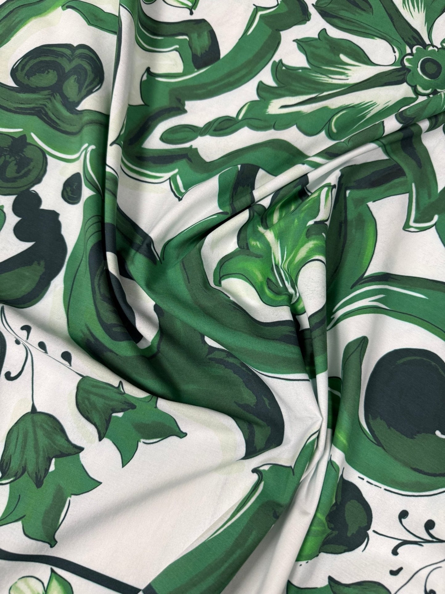 Emerald Majolica Tile Organic Cotton Poplin Fabric by the Metre