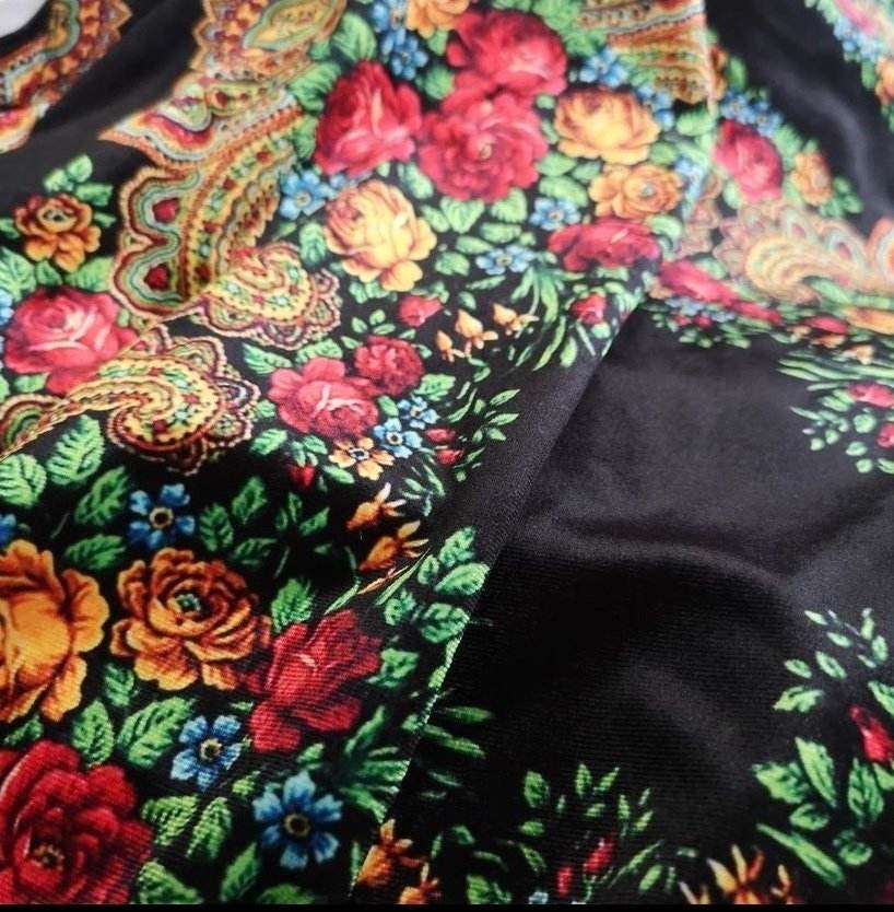 Ethnic Floral Pattern Black Velvet Fabric