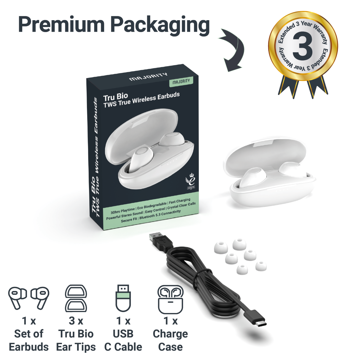 MAJORITY TRU BIO EARBUDS CLEAR WHITE