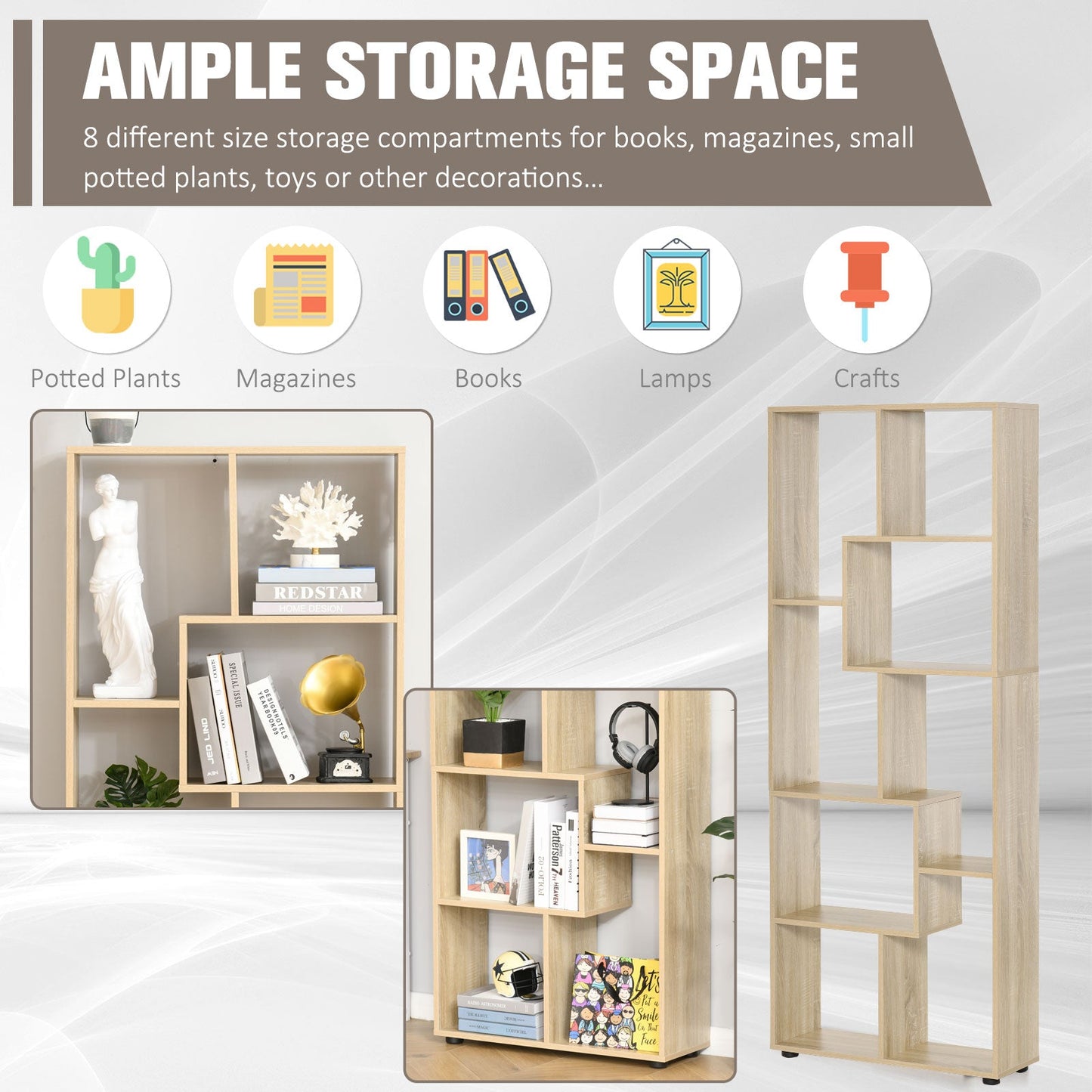 Eight-Section Tall Shelving Unit - Oak Effect