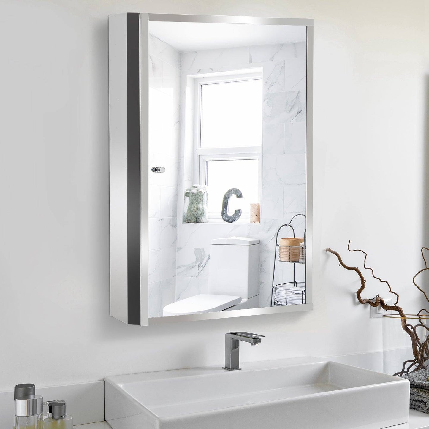 Stainless Steel Wall mounted Bathroom Mirror Cabinet 2 Shelves Storage Unit Furniture w/Single Door 60H x 40L x 13D cm