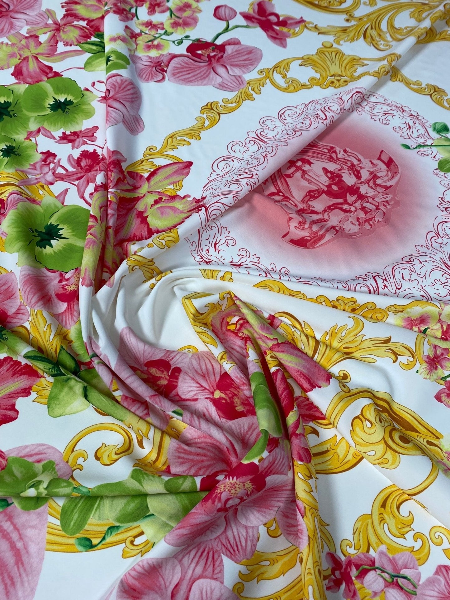 Floral & Baroque Crepe Fabric by the Metre – Pink Green Gold