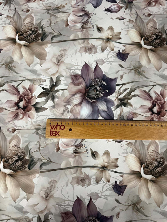 Vintage Botanical Print Fabric – Fabric by Metre, Options: Satin, Crepe, Spandex, Chiffon