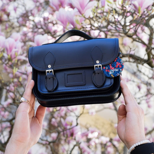Floral Lined Leather Midi Satchel - Navy
