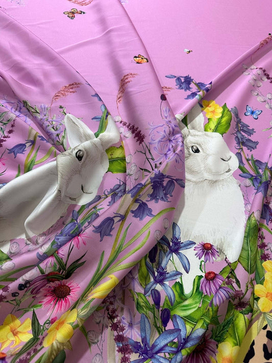 Rabbit Print Fabric with Flowers Pattern in Pink Design – Custom Printed Fabric on Satin, Crepe, Spandex or Chiffon