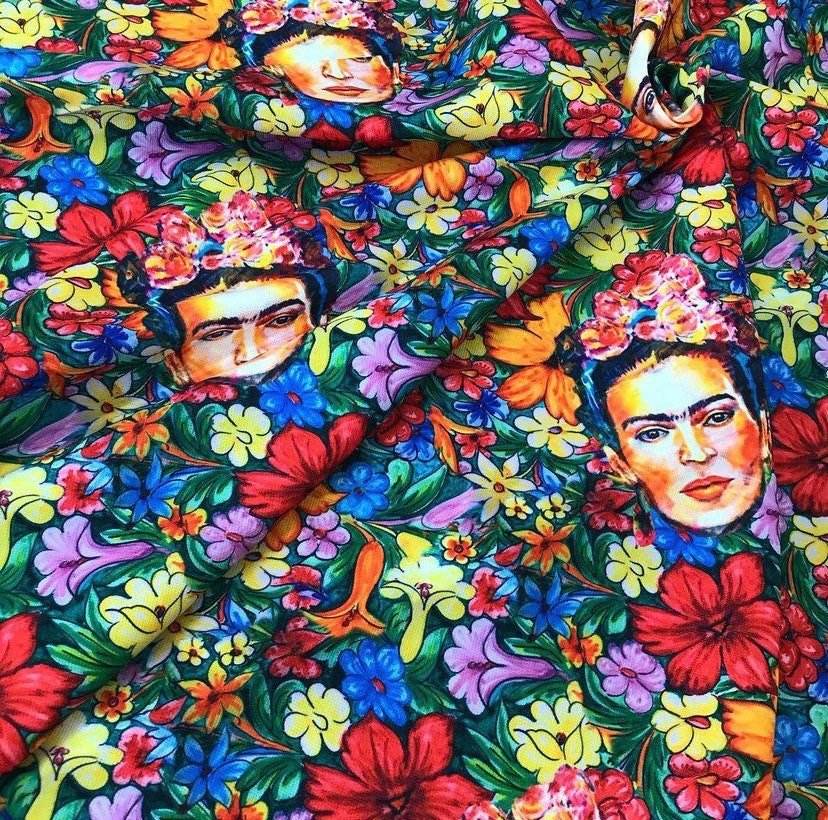 Frida Flowers Outdoor Fabric – Fabric by Metre, Options: Satin, Crepe, Spandex, Chiffon