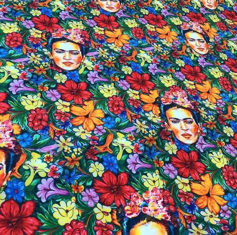 Frida Flowers Outdoor Fabric – Fabric by Metre, Options: Satin, Crepe, Spandex, Chiffon