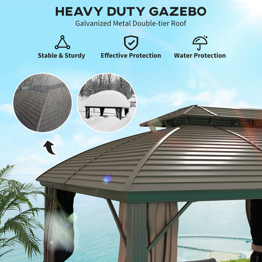 Outsunny 3.65 x 3(m) Aluminium Outdoor Gazebo w/ Hardtop Double Roof, Coffee